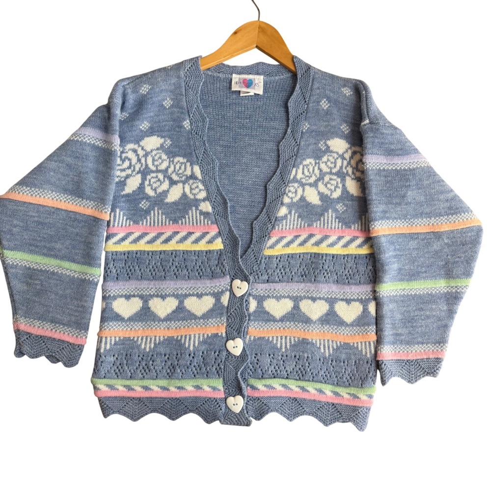 Vintage Heartworks L Crochet Cardigan Sweater Pastel Grannycore Cutesy Kawaii - Picture 1 of 9